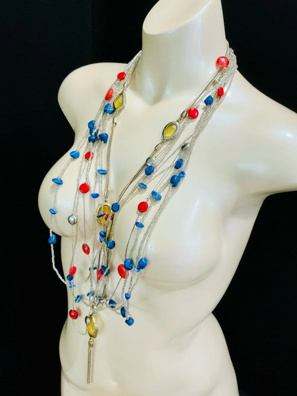 Chico's Multistrand Beaded Necklace in Blue, Red & Yellow Sexy Boho Beach Chic
